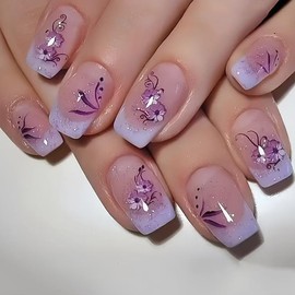 Glitter Purple French Tip Fake Nails with Glue – 24 Pcs Square Acrylic Press On Nails for Women, Elegant & Flower Accents for Party or Daily Wear