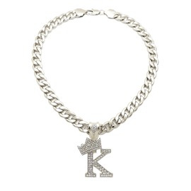 iJewelry2 Kings and Queens Crowned Letter K Crystals Pendant Silver-Tone Cuban Linked Chain Initial Necklace