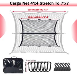 YQkangzhu Cargo Net for Pickup Truck Bed, Highly Elastic Cargo Net, Truck Bed Cargo Mesh Organizer for Daily Light Loads of SUV ATV UTV Boat, 4'x4' Stretches to 7'x7', with 6 Metal Carabiner and Hook