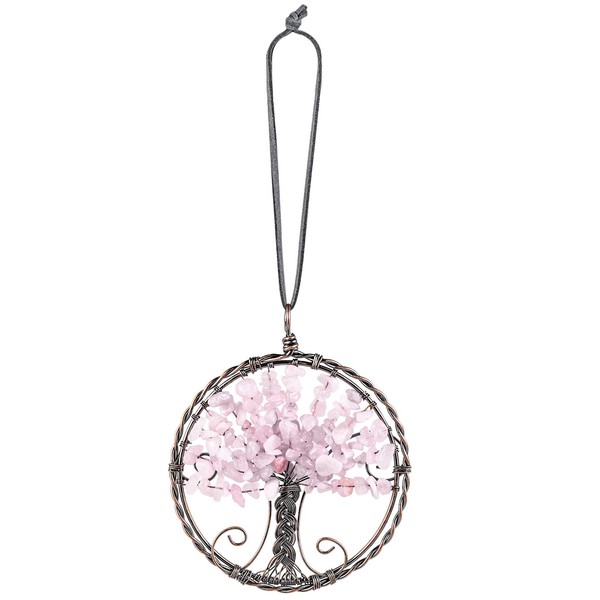 Nupuyai Rose Quartz Tree of Life Hanging Ornament Energy Crystals Healing Stone Feng Shui Ornament for Home Window Wall Art Lucky Car Office Decor