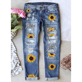 Astylish Women Sunflower Distressed Boyfriend Jeans Raw Hem Mid Waist Denim Stretchy Ripped Washed Ankle Pants Xx-Large, casual