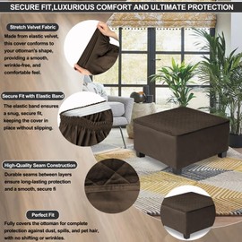 NeColorLife Waterproof Square Ottoman Cover, Thick Stretch Velvet Slipcover for Footstool, Non-Slip Soft Furniture Protector for Pets and Dogs,Coffee,Small