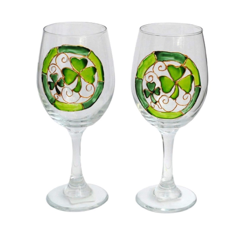 Lucky Green Shamrocks Hand Painted Stemmed Wine Glasses Set of