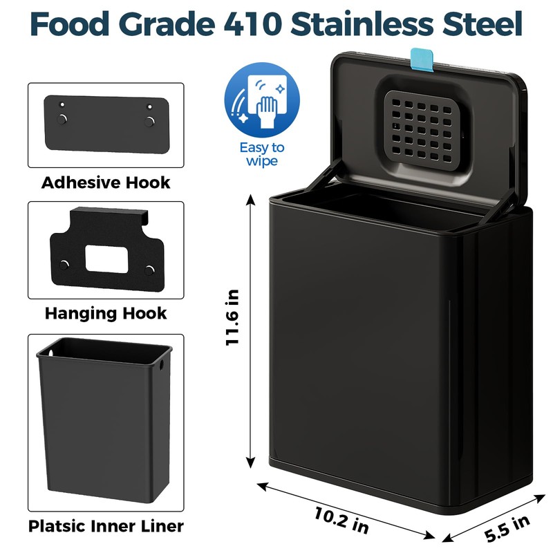 LINSSEN Stainless Steel Hanging Trash Can with Lid and Inner
