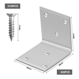 Pack of 20 Stainless Steel Angle Connectors, 90 Degree L Brackets Angle, Heavy Duty Metal Angle with Screws, Corner Connector for Wood, Furniture, Tables, Chairs, Cabinets, 40 x 40 x 40 x 2 mm, 6