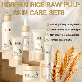 6PCS Rice Skin Care Sets, Korean Glass Skin Kit, Skincare Gifts for Teenage, Pamper Gifts for Women, Rice Toner, Cleanser, Sunscreen SPF 50+, Glow Serum, Face Cream, Eye Cream, Hydrating, Even Tone