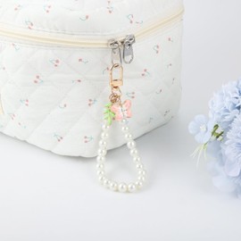 TUCEWP Gold Women's Pearl Chain Key Chain Cute Pink Enameled Butterfly Leaf Tassel Keychain Pearl Purse Keyring Holder Aesthetic Keychain Charms Backpack Car Accessories Birthday Christmas Gift