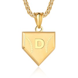 Initial A-Z Necklace for Boys Stainless Steel Letter Shield Pendant Box Chain 22+2 inch Inspirational Baseball Home Plate Necklace Baseball Jewelry Gift for Men(G-D) Over 18 years old