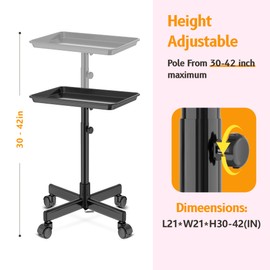 Premium Aluminum Black Salon Tray on Wheels -Adjustable Tattoo Trolley Cart