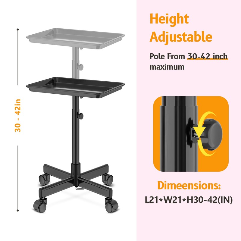 Premium Aluminum Black Salon Tray on Wheels -Adjustable Tattoo Trolley