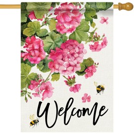 Covido Welcome Spring Summer Geranium Decorative House Flag, Pink Floral Flowers Bees Garden Yard Outside Decorations, Seasonal Burlap Outdoor Large Home Decor Double Sided 28 x 40