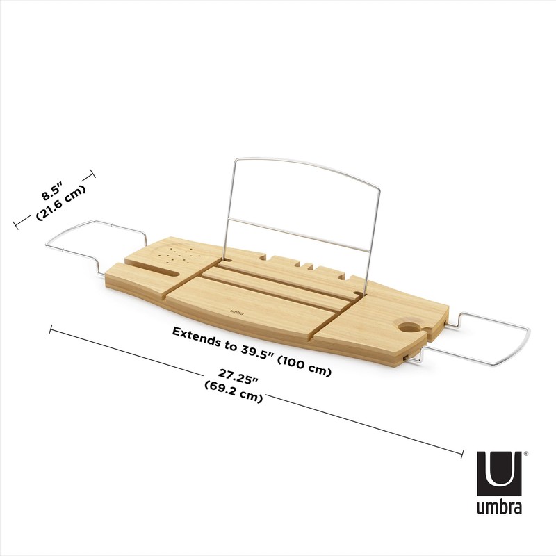 Umbra Aquala, Bamboo and Chrome Extendable Bathtub Tray Caddy, Natural