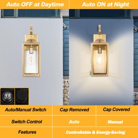 Yolsunes 19" Large Dusk to Dawn Outdoor Wall Light, Gold Outside Farmhouse Wall Sconce, Industrial Wall Mount Light Fixture, Waterproof Modern Porch Lighting Exterior Lamp for House Garage