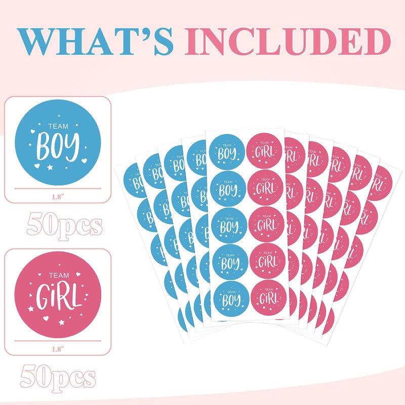 Gender Reveal Party Stickers, Team Boy or Team Girl, Pink