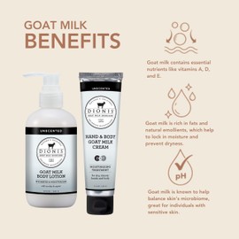 Dionis Dionis Goat Milk Skincare Unscented 8.5oz Hydrating Body Lotion & 3.3oz Hand & Body Nourishing Travel Size Cream Fragrance Free Bundle, Natural Ingredients, Made in the USA, Cruelty Free, Paraben Free