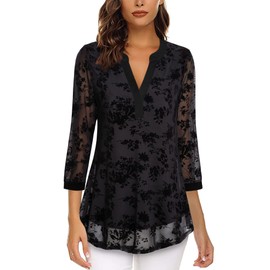 Vafoly Women's 3/4 Sleeve Top Henley V-Neck Shirts Double Layer Mesh Blouse Tunics, Flocked Black Flowers
