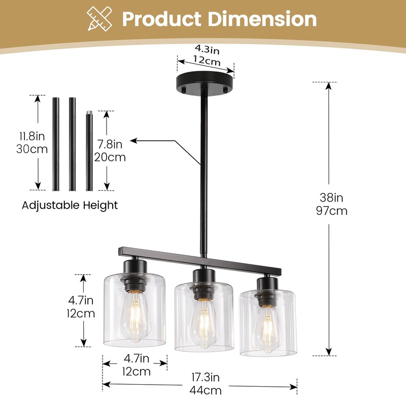 ROCUNSI 3-Light Kitchen Island Lighting, Black Pendant Light Fixture, Farmhouse