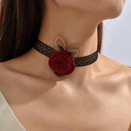 MIQIQAO Black Flower Rose Choker Necklace Large Flower Choker Necklace Vintage Large Flower Velvet Necklace Black Suede Velvet Collar Necklace Jewellery for Women and Girls, Acrylic, Amber