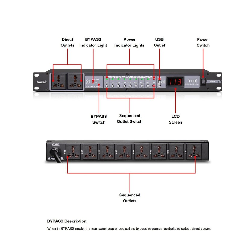 FMUSER 10-Outlet Power Sequencer Conditioner, 3000W Rack Power Conditioner with