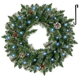 LOENIY Pre-lit Christmas Wreath for Front Door, Timer Outdoor Wreath for Windows with Pine Needles Frosted Branch Tips Pine Cones & Hanger, Battery Operated Artificial Wreath Decoration Indoors, 24in