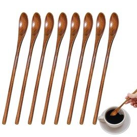 Long Handled Teaspoons, Natural Small Wooden Spoons Long Wooden Stirring Spoon for Honey Coffee Tea Drinks (8)