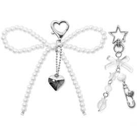 2Pcs Pearl Bow Keychains Aesthetic Y2K Keychain Cute Heart Pearl Bowknot Key Ring Car Keychain Purse Gifts for Women (style3, 2)