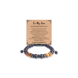 To My Son Bracelet from Mom Jewelry Gifts for Son Black Matte Beaded Bracelets for Son Healing Tiger Eye Beads Bracelet for Son Birthday Gradustion Christmas Gifts (To My Son Beaded Bracelet)