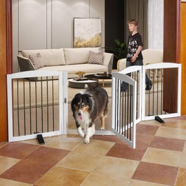 ZJSF Foldable Indoor Dog Door with Walk Through Door, Freestanding Pet Door for The House,Doorways, Stairs, Pet Puppy Safety Fence with Support Feet, White 4 Panels 80" Wide 24''Height