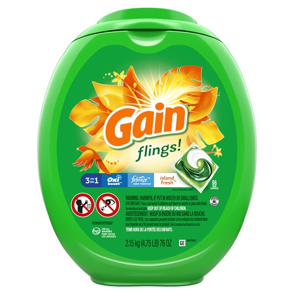 Gain flings! Liquid Laundry Detergent Pacs, Island Fresh, 96 Count