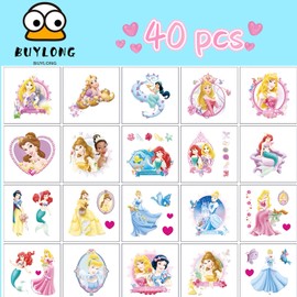 BUYLONG Cute Cartoon Princess Temporary Tattoos Stickers for Kids, 40 Sheets, Waterproof, Fake Tattoo Stickers, Children Party Favours, Boys Girls Birthday Gift, Party Bag Filler