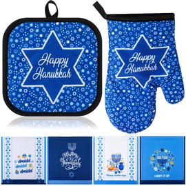VitalCozy 6 Pcs Hanukkah Hostess Gifts Include 4 Pcs Hanukkah Kitchen Towels Chanukah Pot Holder and Oven Mitt Hostess Kitchen Decor Hanukkah Decorations for Hanukkah Cooking Accessories