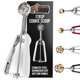 GORILLA GRIP Stainless Steel Multipurpose BPA-Free Spring Scoop, 1 TBSP, Melon Ballers, Cookie Dough Scoops, Perfect Portion Sizes, Easy Squeeze and Clean Release, Scooper Size 60, White