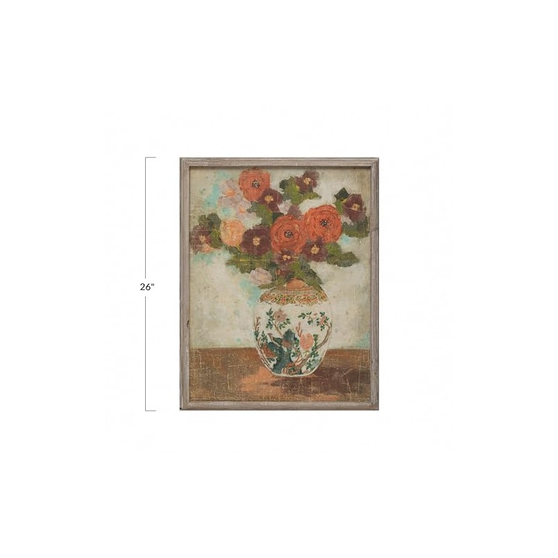 Creative Co-Op Wood Framed Wall Décor with Flowers in Vase