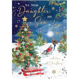 Daughter and Son-in-Law Christmas Card - Special Daughter and Son-in-Law - Couple Sledging in the Snow - Artistic Festive Design - Special Finishes and Illustrated Insert Leaf - Made in the UK