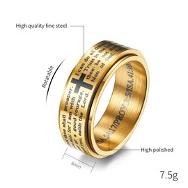 HIJONES Men's Stainless Steel Bible Verse Lords Prayer Cross God Ring 3 Colours Rotating Black/Gold/Silver, Metal, Metal