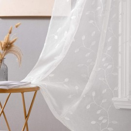 MIULEE Decorative Sheer Curtains with Embroidered Leaf Pattern for Living Room Elegant Grommet Embroidery Window Voile Bedroom Drape 2 Panels 54 x 96 Inches White