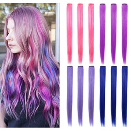 SHKJCHP Coloured Hair Extensions Clip Girls Women Accessories 55 cm Long Straight Hair Pieces 12 Pieces (Pink, Lavender, Purple, Blue)