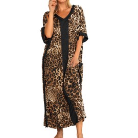 Bloggerlove Night Shirts for Women Sleepwear Cotton Nightgown Short Sleeve Lounge Dresses Plus Size Housecoat Mumu Dresses Long Robes Comfy Kaftan Leopard