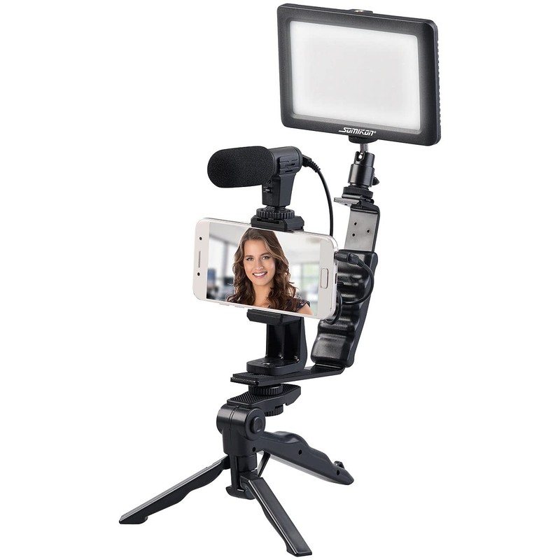 Somikon Videoleuchte: 4-teiliges Vlogging-Set mit LED-Leuchte, Mikrofon, Stativ & Halterung