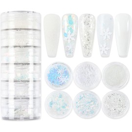 Snowflake Nail Art Glitters 6 Boxes Christmas Nail Sequins 3D White Snowflake Nail Glitter Powder Snowflakes Nail Decals Winter Nail Art Flakes for Christmas Nail Decorations Body Makeup DIY Craft