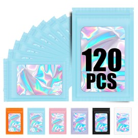 120PCS Smell Proof Mylar Bags,4"x6" Resealable Bag for Small Business,Holographic Packaging Bags with Clear Window,Foil Pouch Sample Snack Candy Jewelry Bag for Party Favors(Blue)