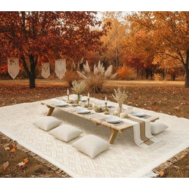 Beeveer Extra Large Outdoor Boho Picnic Blanket 118'' x 71'' Beige White Table Runner 6 Throw Pillow Cover Woven Cotton Yarn Oversize Beach Blanket Washable for Summer Picnic Camp Beach Wedding