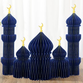 MotiMind 5 PCS Ramadan Party Decorations Ramadan 3D Honeycomb Centerpiece Eid Mubarak Centerpieces Islamic Table Decoration for Home Office Party Supplies (Blue)