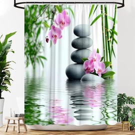 YOZSLGU Zen Stone Shower Curtain Japanese Spa Garden Bamboo Leaves Flowers Asian Meditation Fabric Bathroom Decor Curtains with Hooks, 70" Wx70 H