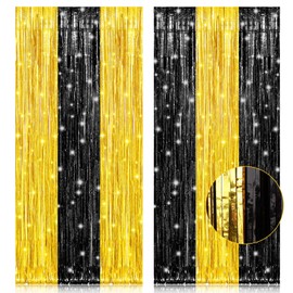 PIGETALE, 2 Pack 3.2x8.2 Feet Black and Gold Tinsel Backdrop Party Decorations, Foil Fringe Curtains Backdrop for Birthday Graduation Wedding Engagement Bridal