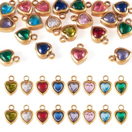 Pandahall 20Pcs 18K Gold Crystal Heart Charms Mini Stainless Steel Rhinestone Pendants Faceted Glass Birthstone Charm for DIY Necklace Bracelet Earring Craft