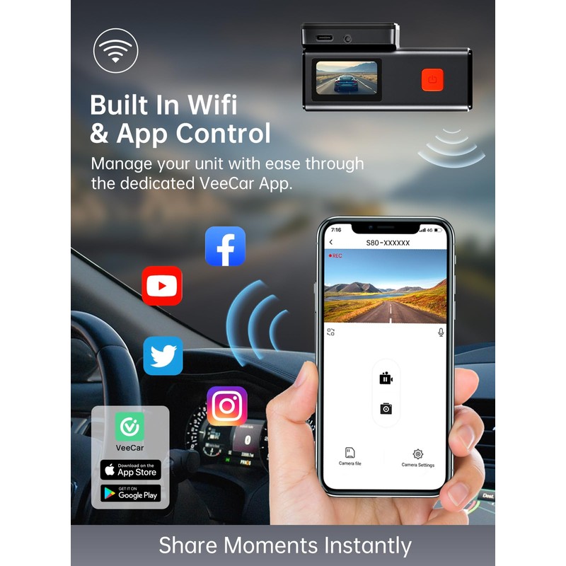 Dash Cam Front and Rear, Veement S80 4k+1080P Dual Dash