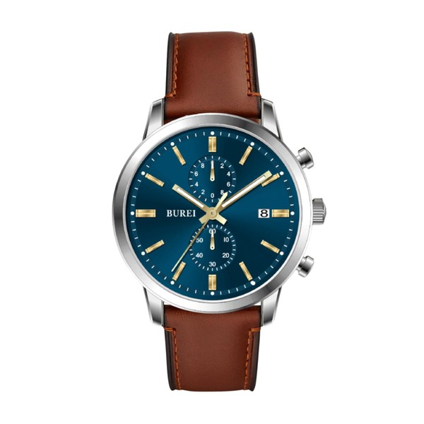BUREI Men's Watch, Brown, Leather Strap, Analog, Date Display, Quartz,
