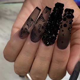 24PCS Press on Nails Long Coffin Shape Designs Acrylic Nails,Fake False Nails with Nail Glue for Women Girls Stick on Nails (Black Butterfly L-18)