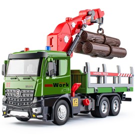 HAPYAD Timber Truck Toy Metal Cab, Friction Powered Timber Truck with Fully Functioning Loading Crane and 3 Loadable Trunks, Big Construction Truck with Lights and Sounds for Kids, 11.2"